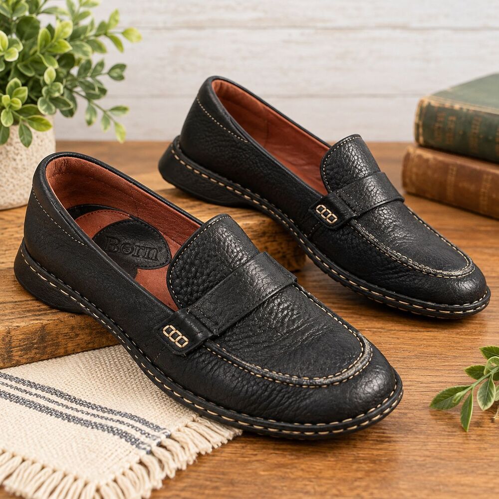 Born Womens Black Leather Loafers 9 M Moc Toe Slip On Comfort Casual Shoes